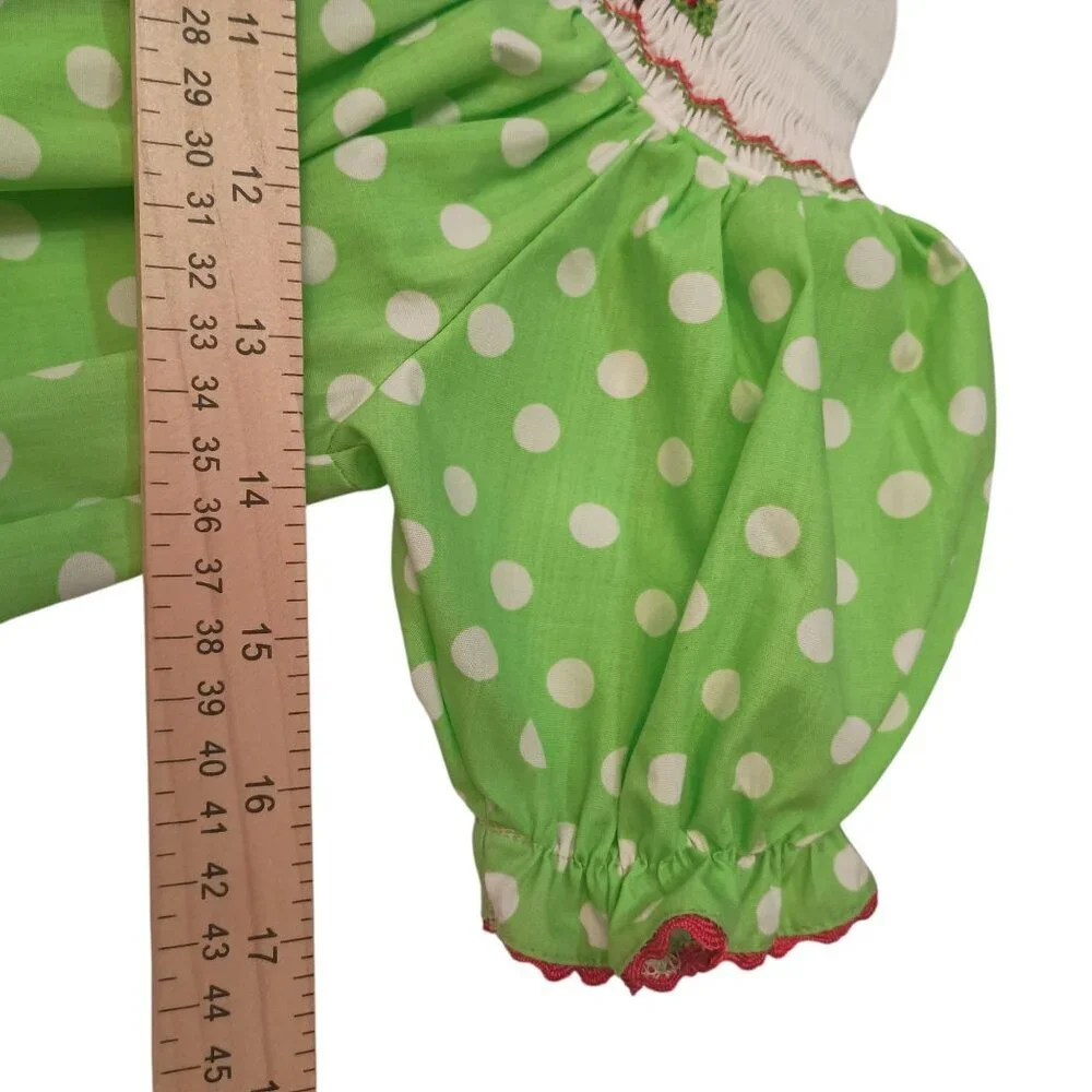Lollypop Kids Christmas Smocked Little Girl's Dress Green & White Polka Dots 3T